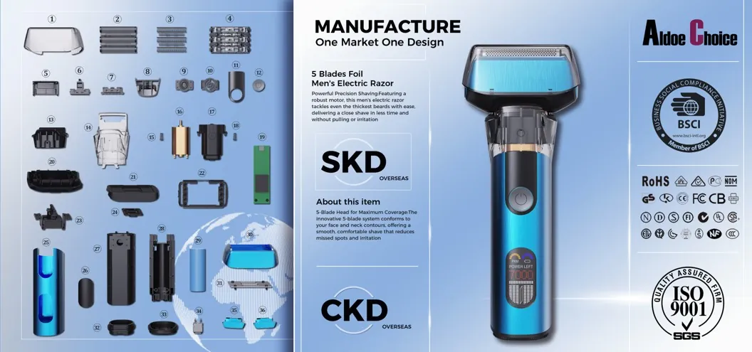 Body-groomer manufacture sheet: exploded view, SKD/CKD and ISO 9001